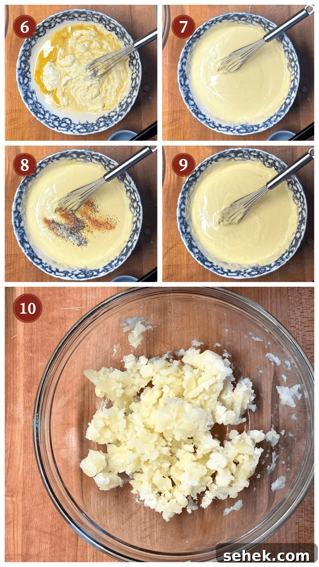 Classic Southern Potato Salad Recipe 5 A collage of images showing how to make dressing for potato salad, steps 6 - 10.