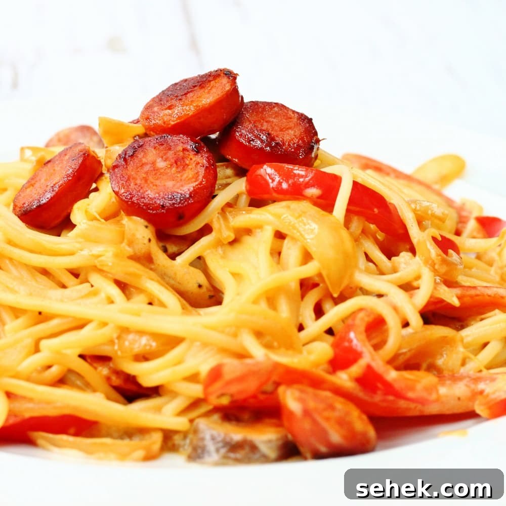 Creamy Chorizo Pasta - Quick Weeknight Dinner 3 close up shot of creamy chorizo spaghetti