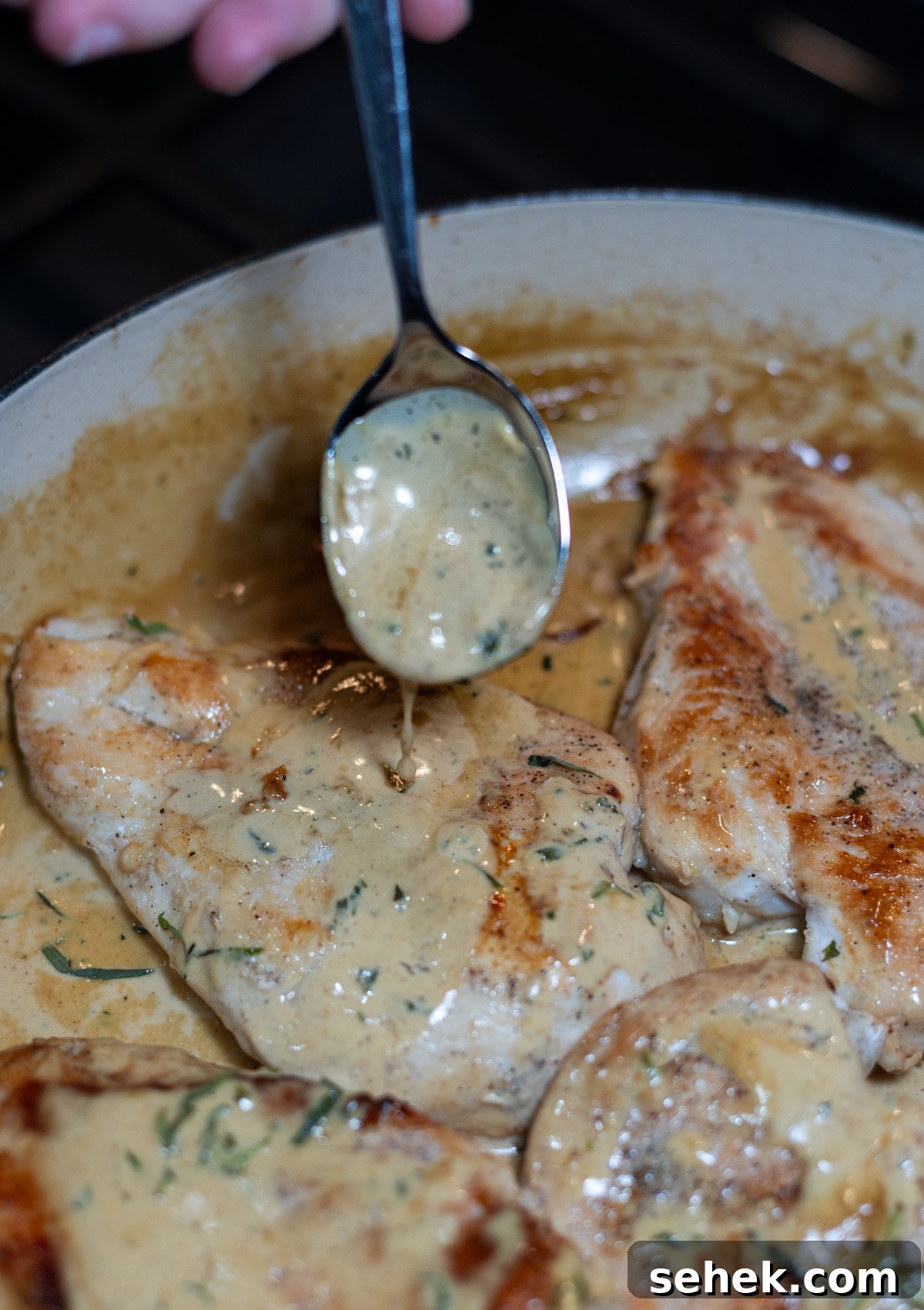 Skillet Chicken with Creamy Mustard Sauce 12 Person drizzling cream sauce over cooked chicken.