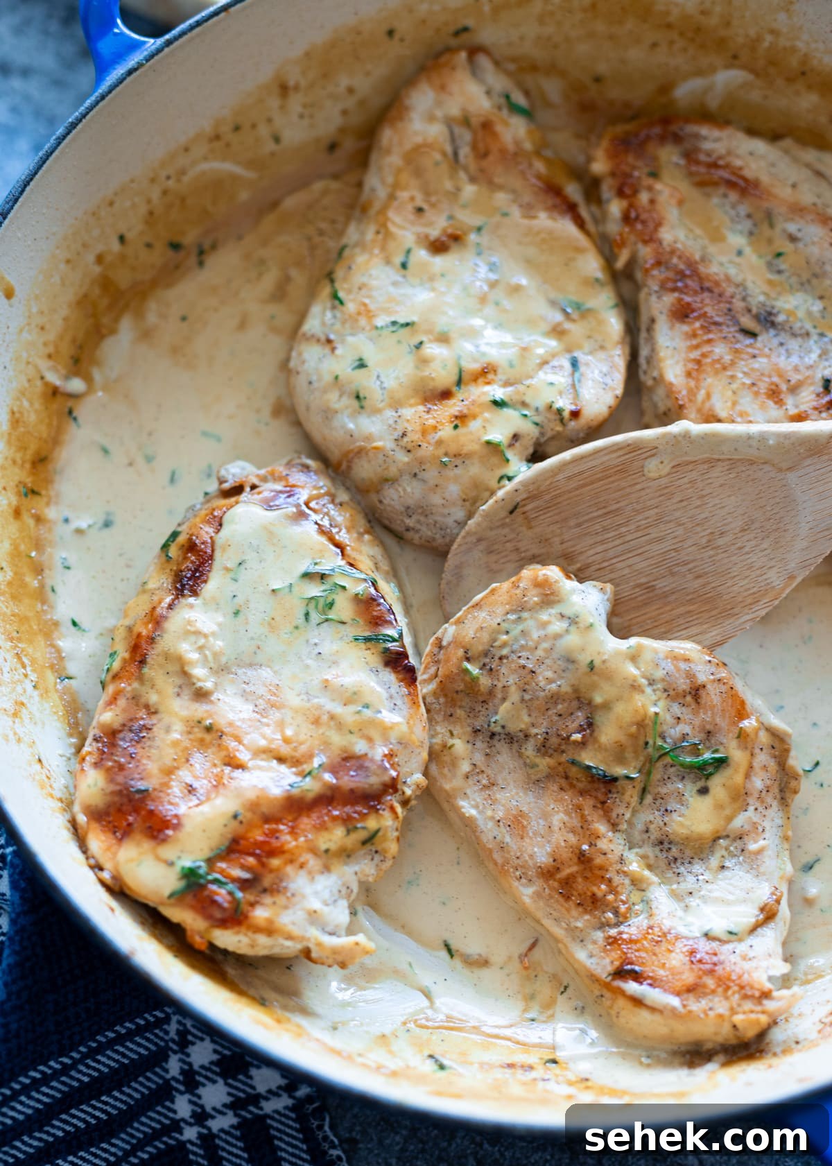 Skillet Chicken with Creamy Mustard Sauce 13 Close up of chicken breast in a sauce being served.