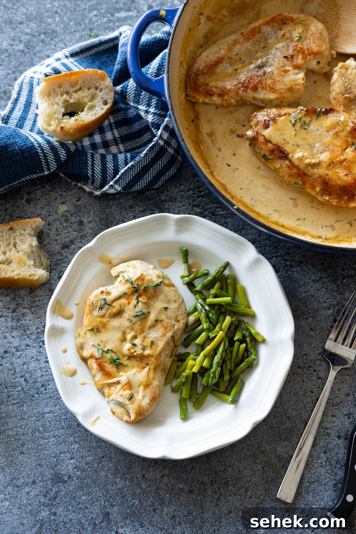Skillet Chicken with Creamy Mustard Sauce 3 Plate of sauteed chicken breast on a plate covered in a mustard cream sauce.