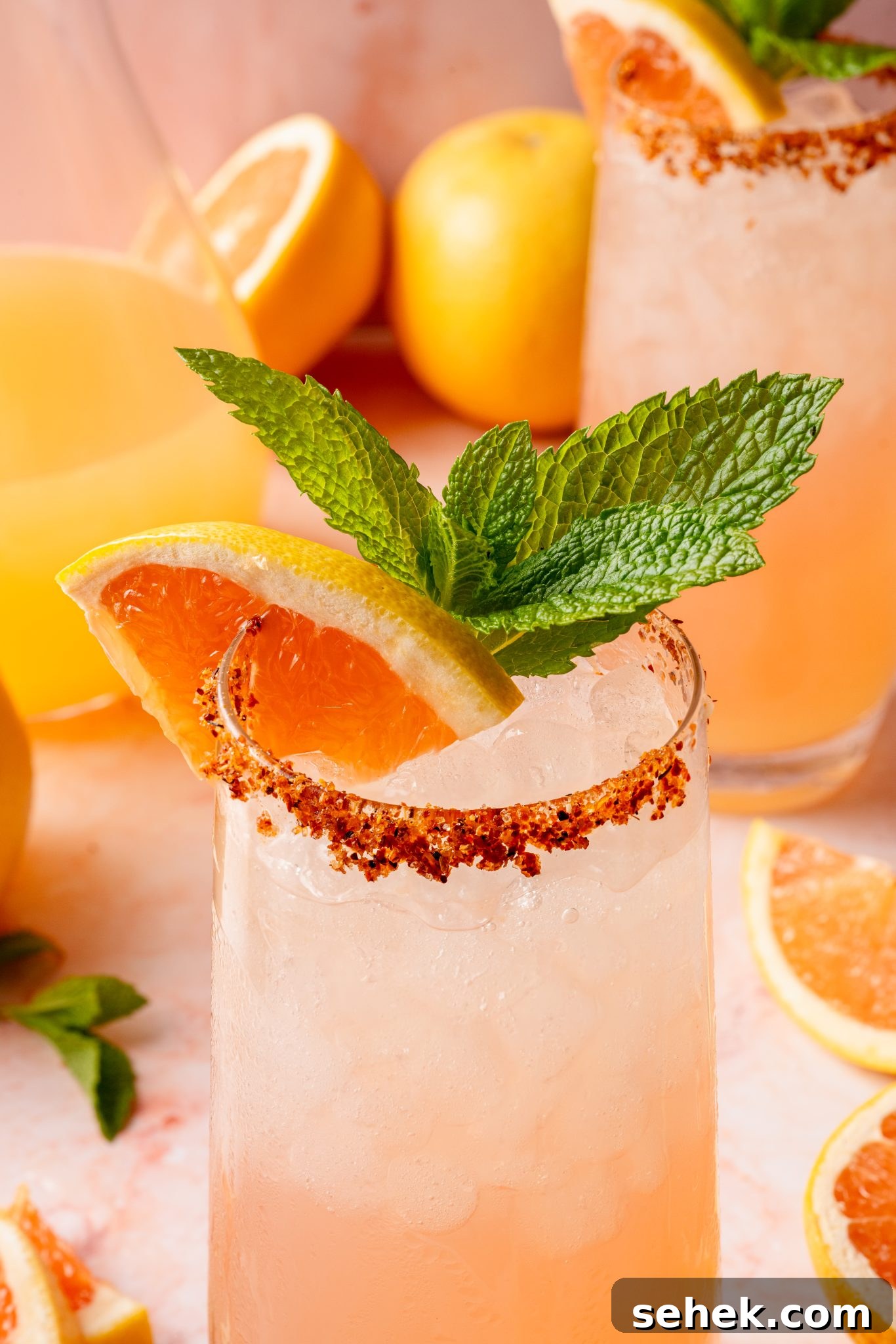 Paloma Pitcher: Grapefruit Tequila Cocktail for Parties 2 Close-up of a single glass of Paloma cocktail topped with crushed ice, garnished with a grapefruit slice, lemon wedge, and mint sprig. The glass is rimmed with chili-lime salt and placed on a light pink marble background.