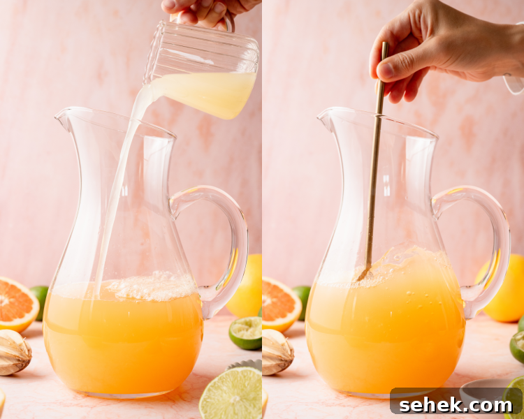 A two-panel image showing the process of making pitcher Palomas. On the left, lime juice is being poured into a pitcher with grapefruit juice. On the right, a hand stirs the mixture with a gold spoon, surrounded by citrus halves and a soft pink backdrop.