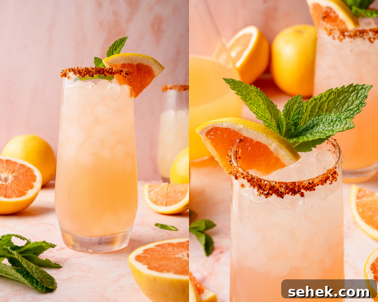 Two views of a finished Paloma cocktail. Left: a full glass garnished with grapefruit, lemon, and mint. Right: close-up of the garnish and chili-lime salt rim. Fresh citrus and a second cocktail are in the background