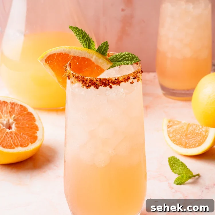Close-up of a single glass of Paloma cocktail topped with crushed ice, garnished with a grapefruit slice, lemon wedge, and mint sprig. The glass is rimmed with chili-lime salt and placed on a light pink marble background.
