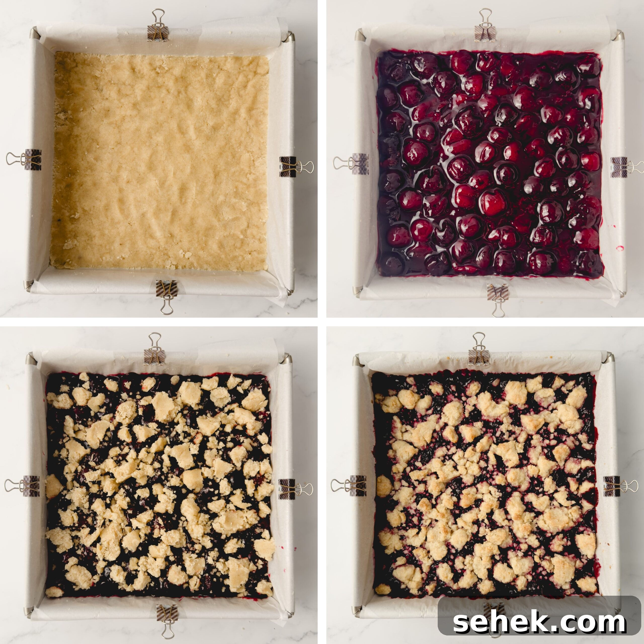 Cherry Crumb Bars with Buttery Streusel 5 Bars assembled in a square pan