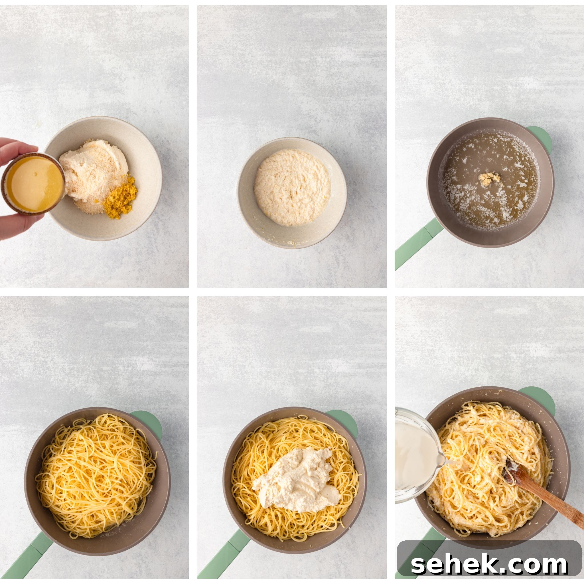 Creamy Lemon Ricotta Pasta with Garlic and Parmesan 4 Six-step image showing pasta being prepared: a bowl with grated cheese and zest, second with mixed cheese and zest, melted butter in a pan, cooked spaghetti added, cheese mixture added, then cream poured in.